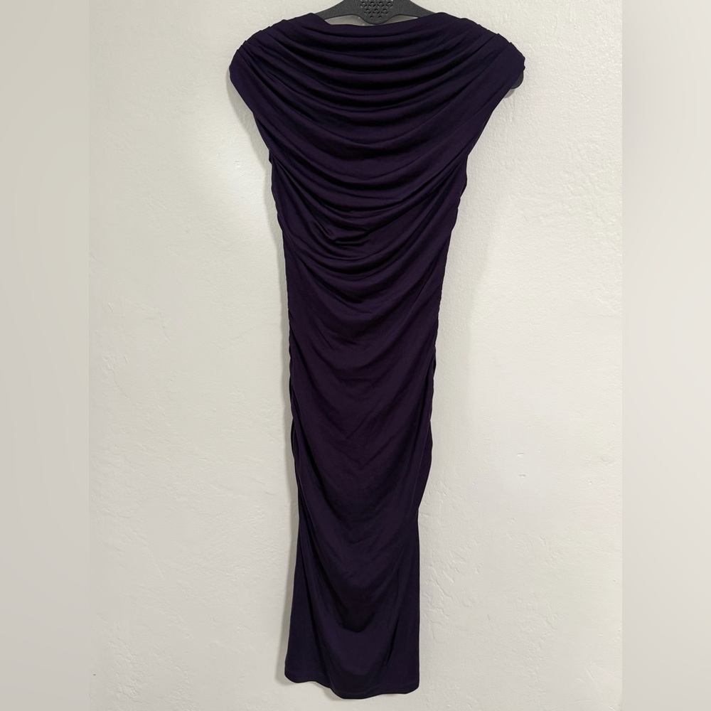 Barneys New York 100% Silk Purple Ruched Cowl Neck Midi Dress XS Draped - Picture 2 of 7